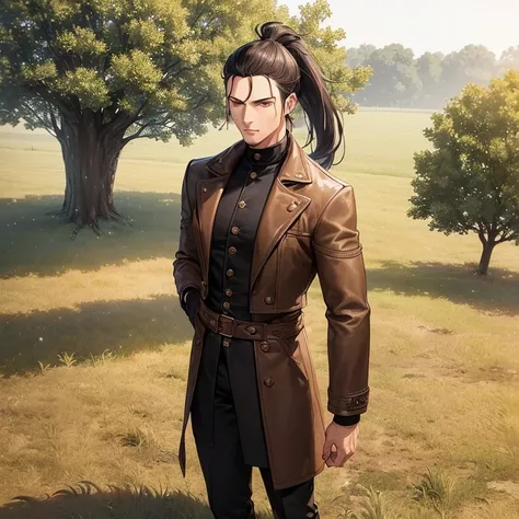 (detailed), (((normal guy))), (arab features), ((brown sheepskin jacket)), ((pelo con rulos negro ponytail hairstyle)), (calm face), ((ponytail hairstyle)), ((tall black boots)), (((whole body))), ((in the middle of a field leaning on a tree), ((male))