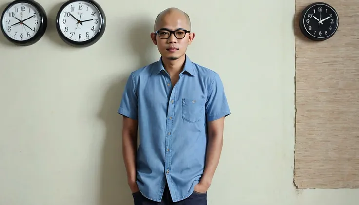 Early morning, full body photo of Adul, an Indonesian man with a bald head, slightly brown skin color, 30 years old, wearing a simple blue shirt, blue jeans, wearing black Ray-Ban glasses. standing with his back to the camera he was looking at the wall clo...