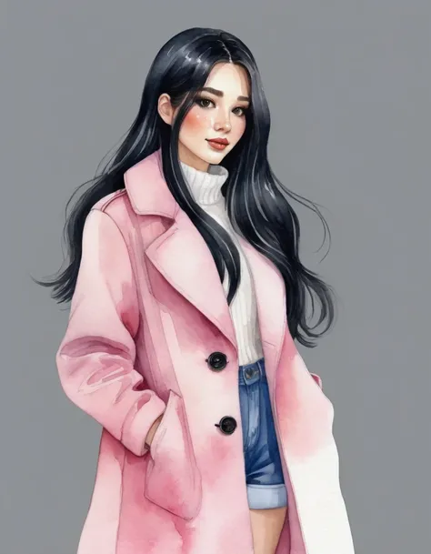 A watercolor illustration, kawaii illustration, chibi .Anime STYLE, of a beautiful woman with LONG STRAIGHT black hair standing against a light background, she is holding a bouquet of flowers, The woman is 25 years old, she is wearing a long PINK coat , WH...