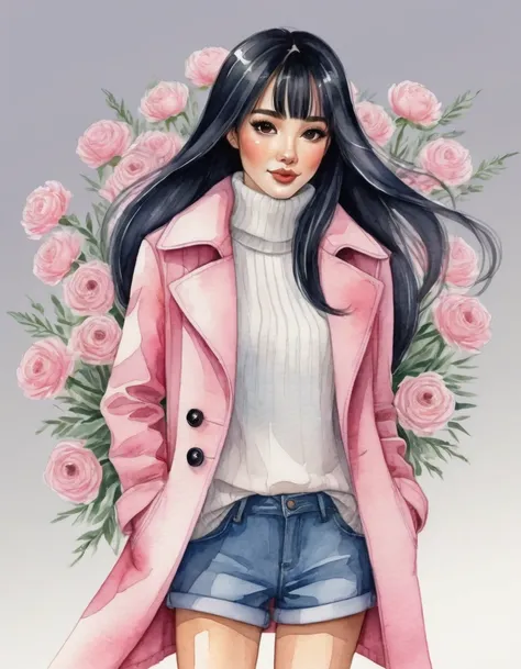 A watercolor illustration, kawaii illustration, chibi .Anime STYLE, of a beautiful woman with LONG STRAIGHT black hair standing against a light background, she is holding a bouquet of flowers, The woman is 25 years old, she is wearing a long PINK coat , WH...