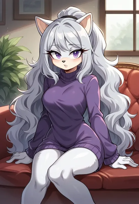 Female wolf, ((Sonic oc character)), (female Sonic character), (dark gray colored fluffy fur), (light gray muzzle), (light gray inner ears), (1girl), (solo), ponytail, (long wavy hair), medium breasts, eyelashes, house, couch, sitting, purple sweater, frin...