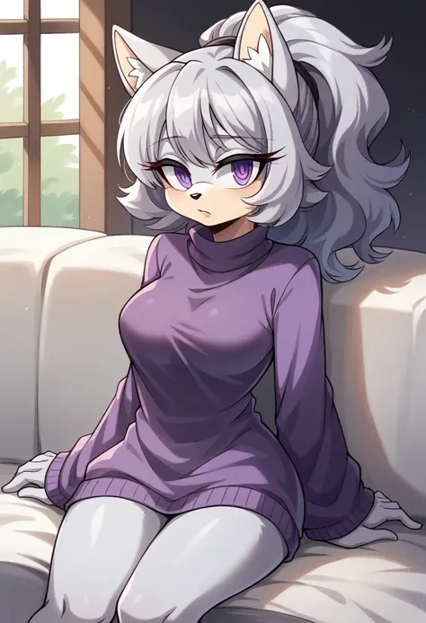 Female wolf, ((Sonic oc character)), (female Sonic character), (dark gray colored fluffy fur), (light gray muzzle), (light gray inner ears), (1girl), (solo), ponytail, (long wavy hair), medium breasts, eyelashes, house, couch, sitting, purple sweater, frin...