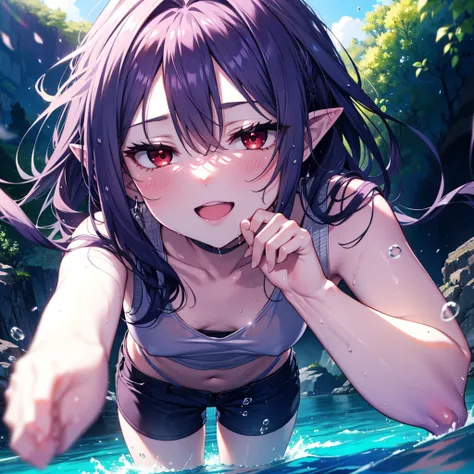 yuukikonno, Yuki Konno, hair band, Long Hair, Pointy Ears, Purple Hair, Sweat,Wet Skin,happy smile, smile, Open your mouth,Wet Hair,(Red eyes:1.5), (Small breasts:1.2), Purple Tank Top,Wet clothes,Shorts,barefoot,両手でriverの魚を捕まえている,river岸にキャンプテントが置いてある,,Cle...