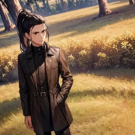 (detailed), (((normal guy))), (arab features), ((brown sheepskin jacket)), ((pelo con rulos negro ponytail hairstyle)), (calm face), ((ponytail hairstyle)), ((tall black boots)), (((whole body))), ((in the middle of a field leaning on a tree), ((male))