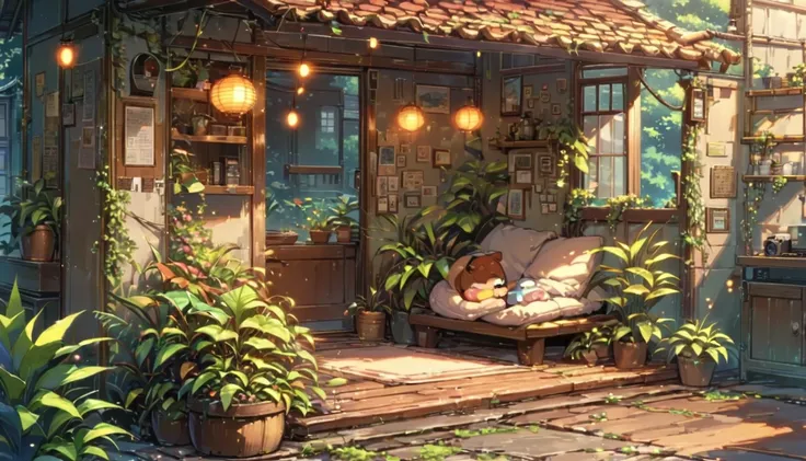 ((anime:1.4,illustration)),(masterpiece, top quality, best quality),(ultra-detailed, absolutely resolution),((16k, high res)), (((cozy lofi veranda with plants,))), ((cosy lofi illustration:1.4)), ((anime:1.4, illustration)),(masterpiece, top quality, best...