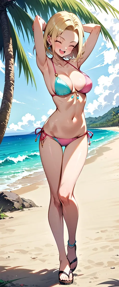 (masterpiece, best quality:1.2), full body, solo, Android 18 from Dragon Ball, ((string bikini, hibiscus bikini, pastel colors bikini, thigh gap)), medium breasts, short blonde hair loose, (close eyes), earrings on earlobes, slender feminine figure, skinny...