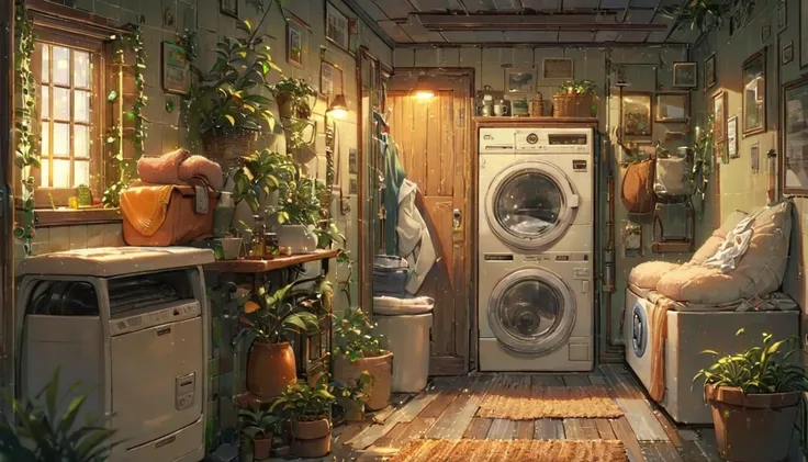 ((anime:1.4,illustration)),(masterpiece, top quality, best quality),(ultra-detailed, absolutely resolution),((16k, high res)),

(((cozy lofi laundry room. The room should have a warm, inviting atmosphere with soft, dim lighting. Include vintage-style washi...