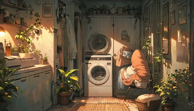 ((anime:1.4,illustration)),(masterpiece, top quality, best quality),(ultra-detailed, absolutely resolution),((16k, high res)),

(((cozy lofi laundry room. The room should have a warm, inviting atmosphere with soft, dim lighting. Include vintage-style washi...