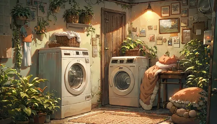 ((anime:1.4,illustration)),(masterpiece, top quality, best quality),(ultra-detailed, absolutely resolution),((16k, high res)),

(((cozy lofi laundry room. The room should have a warm, inviting atmosphere with soft, dim lighting. Include vintage-style washi...