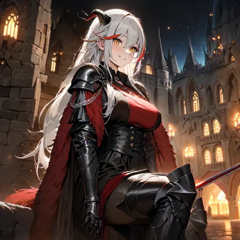 a woman wearing black heavy armor, black metal bracelet, black metal boots, horned shoulder pads, wearing a red fur cape, iron c...