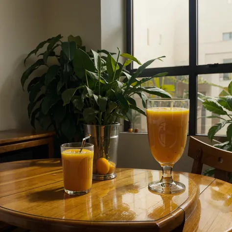 an orange juice on a table without a person holding it with a lone cylinder shaped glass