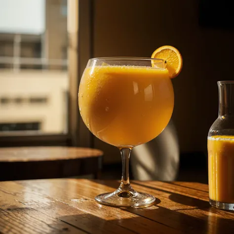 an orange juice on a table without a person holding it with a lone cylinder shaped glass