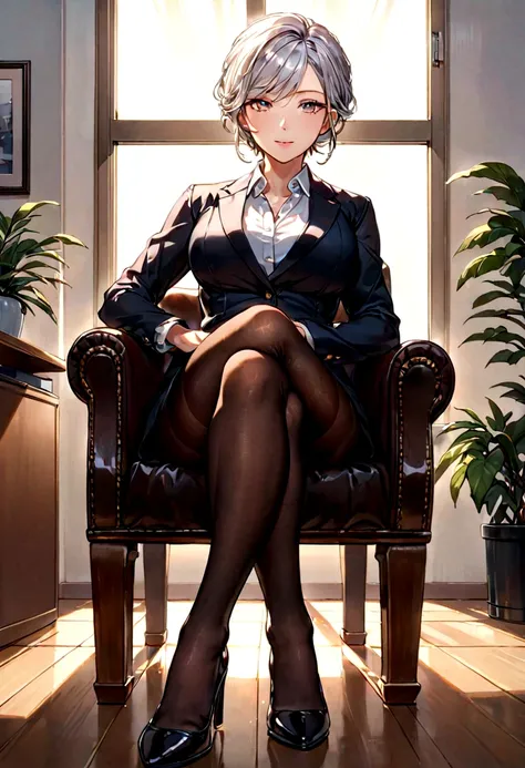 Crossed legs,Office,Pantyhose, rays of light, elegance face,mature face