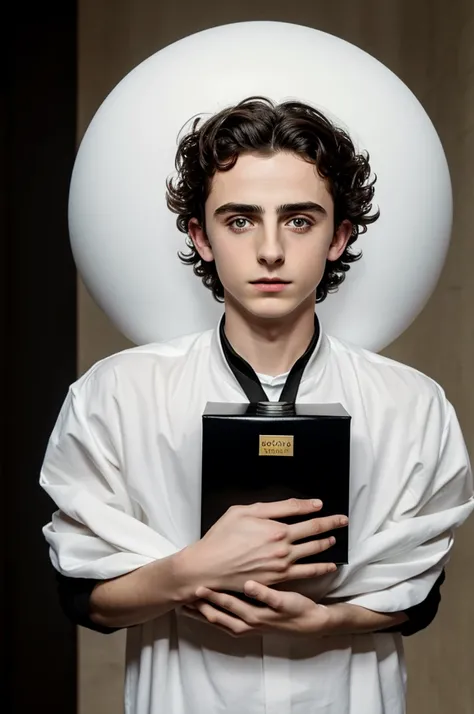 egg-headed timothée chalamet clutching a black box in his hands as if it were a channel ad