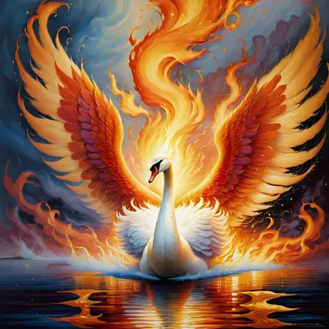 painting of a swan with fire coming out of its wings, 被熊熊烈fire吞没, swan, wings of a swan, 陷入fire海, Beautiful and graceful, (fire), 走出fire海, swanland, 有着金色的fire焰之翼, Phoenix Nirvana, on fire, Gorgeous and smooth, energy flows of water and fire