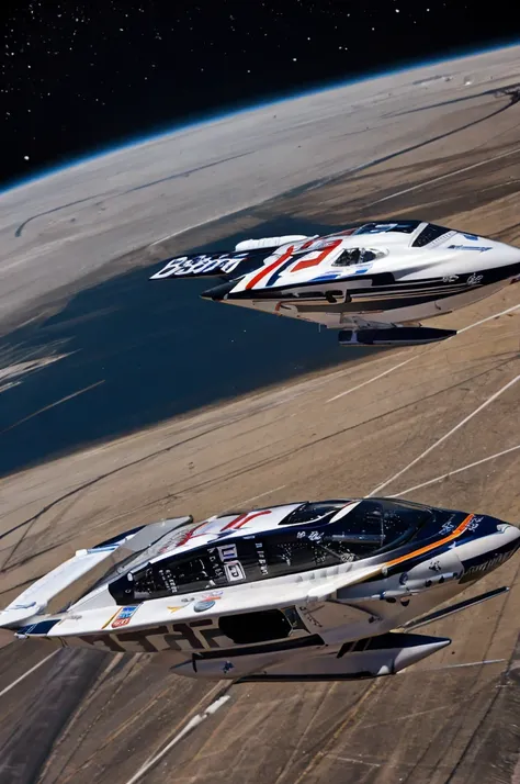 a futuristic aircraft racer with nascar markings flying in outer space in a space race, masterpiece, best, photo realistic space...