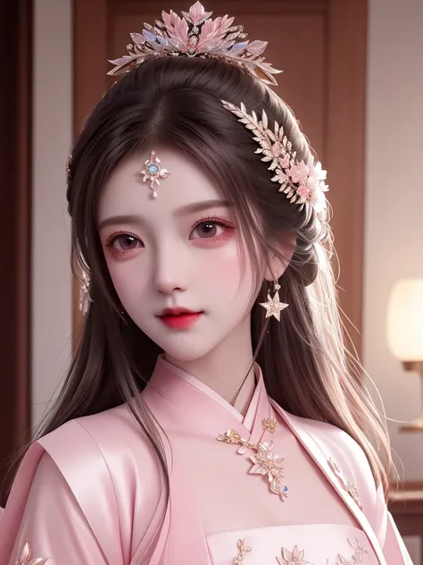 best quality, masterpiece, high resolution, 1 Girl,blush,Big breast beauty，(Charming smile:0.8),Star-shaped pupil,china hanfu,Hair accessories,necklace, Jewelry,Pretty Face,Above_Body, Tyndall effect,Reality, Dark Studio, Rim Light, Two-tone lighting,(High...