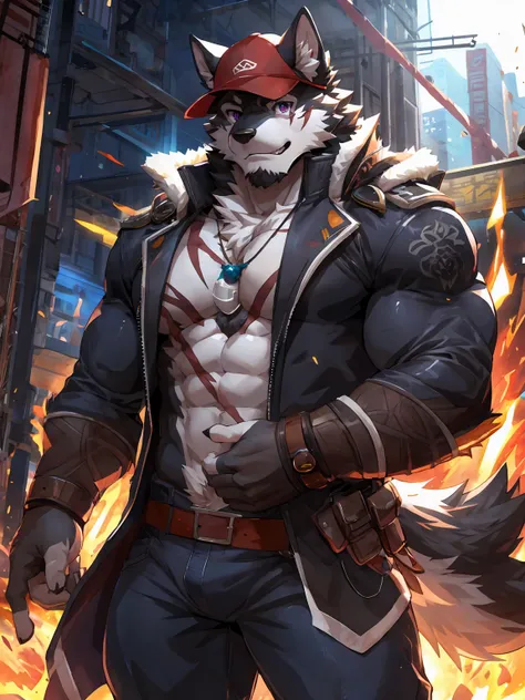 embedding:Black wolf，male, Purple eyes,Scar on the face, Single Person,black fur.The chest and abdomen are white fur.A film actor,In modern times,On the movie set.Wear casual clothes.Wearing a cap,Tattoo,Adult male,strong,Handsome,Muscular,Tall,Best qualit...