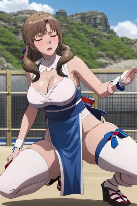 masterpiece, best quality, beautiful art, high resolution, well formed hands, body and fingers, 1 woman, solo, Mamako Oosuki , hair ornament,  adult, grown up, big breasted, cleavage,  full body, braided long hair, blue_japanese_clothes, wearing DOA Kasumi...