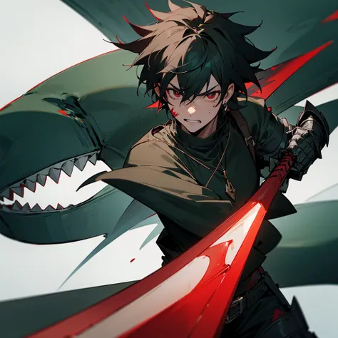 Male character with black armor, necklace of shark teeth and with a large red sword and black hair with a half tail and blood on his face with a green crown