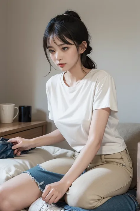 Daily leisure：You can choose a simple T-shirt or shirt with slim jeans or casual pants。Colors are mainly solid or soft neutrals，Like white、grey、beige, etc。You can choose white shoes or simple casual shoes.。