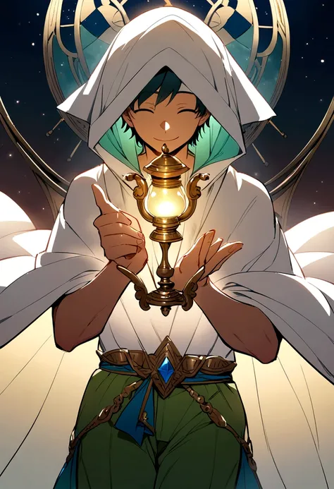 The man covered his head with a white cloak, with a blue bow in the middle, a white t-shirt inside, green shorts, holding a magic lamp, smiling.