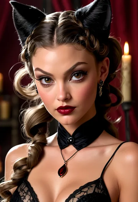 Extreme face close-up shot Lili Simmons catwoman, ringlets wavy five feet long black hair, updo hairstyle with ponytail on one side and long hairpins holding the bun long braid, dark red glossy lips, heavy black eye shadow long black eyeliner, long sharp c...