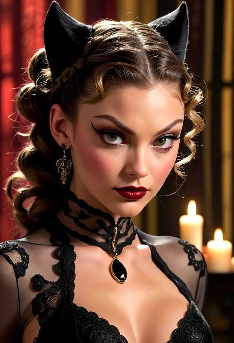 Extreme face close-up shot Lili Simmons catwoman, ringlets wavy five feet long black hair, updo hairstyle with ponytail on one side and long hairpins holding the bun long braid, dark red glossy lips, heavy black eye shadow long black eyeliner, long sharp c...