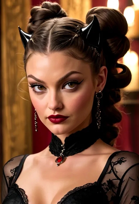 Extreme face close-up shot Lili Simmons catwoman, ringlets wavy five feet long black hair, updo hairstyle with ponytail on one side and long hairpins holding the bun long braid, dark red glossy lips, heavy black eye shadow long black eyeliner, long sharp c...