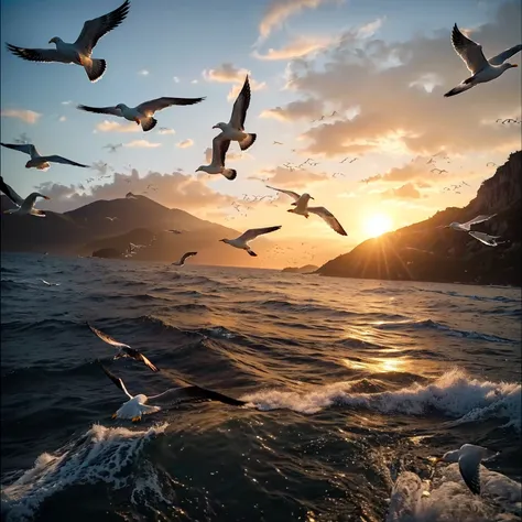 flock of Seagull flying over the ocean at sunset, cgsociety Birds, Seagull, Alexey Egorov, Birds flying in the sun, Max Reeve, Incredibly beautiful, Alexander Kucharsky, author：Johannes Voss, author：Alexei Venezyanov, Mark Adams, author：Jurgen von Hondberg...