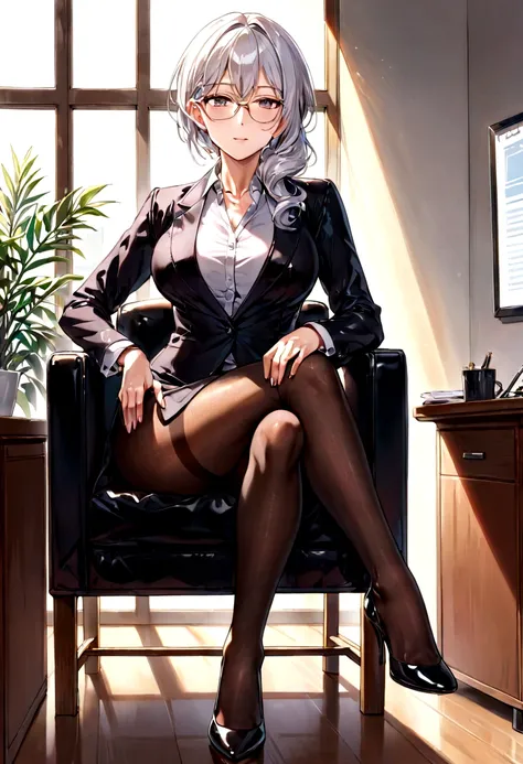 Crossed legs,Office,Pantyhose, rays of light, elegance face,mature face,ecchi