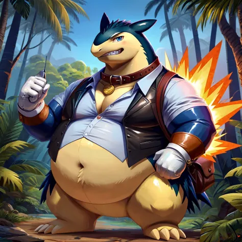 Male, fat, extremely obese, gentleman, dapper, Typhlosion, blue eyes, (posing:1.3), (soft shading), 4k, hi res, ((detailed face, detailed)), looking at viewer, evil grin, jungle, forest, shirt, top hat, male focus, Explorer Outfit, glasses, monocle, bag, v...