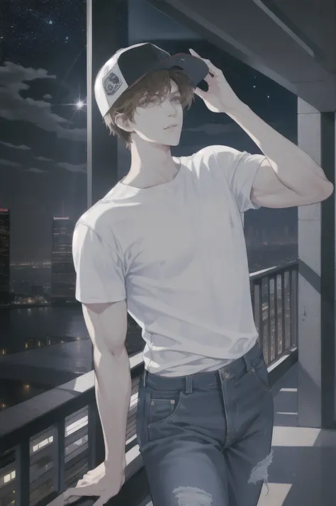 a handsome american man on an apartment balcony, skyscrapers in new york city background, short messy brown hair, gorgeous attractive face, wearing a white t-shirt, jeans, and a baseball cap, starry night sky, cinematic lighting, photorealistic, highly det...