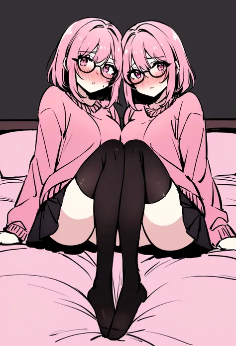 pink hair black glasses pink eyes extremely blushing a big pink sweater short black short skirt black stockings be a reserved girl her bed 