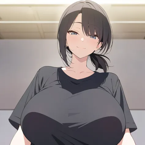 masterpiece, Highest quality, One girl, short ponytail、black hair、T-Shirts,gentle smile、Very sexy、upper body,from front,huge breasts