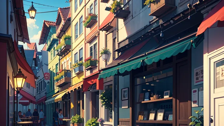 Sunny European street scene，cafes，Cobblestone path, architecture, 带蓝色遮阳篷和绿色植物的户外cafes, Bikes parked, People walking in the distance, masterpiece, angle, dynamic framework, Cartoon rendering anime style, Comic Style, Cartoon Style