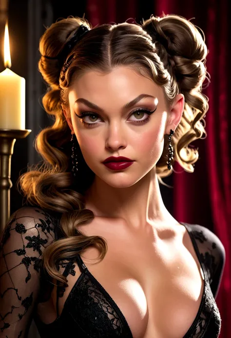 Extreme face close-up shot Lili Simmons catwoman, ringlets wavy five feet long black hair, updo hairstyle with ponytail on one side and long hairpins holding the bun long braid, dark red glossy lips, heavy black eye shadow long black eyeliner, long sharp c...