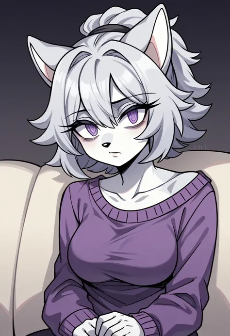 Female wolf, ((Sonic oc character)), (female Sonic character), (dark gray colored fluffy fur), (light gray muzzle), (light gray inner ears), (1girl), (solo), ponytail, (long wavy hair), medium breasts, eyelashes, house, couch, sitting, purple sweater, frin...