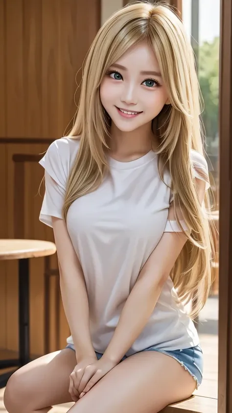 Best Pixels、Highest quality、Highest quality、masterpiece、blonde、Long silky hair、summer、date、Shorts、sexy、T-Shirts、smile、Beautiful feet、Big eyes、Genuine、Sharp eyes、Sharp Eye、Eyes of strong will