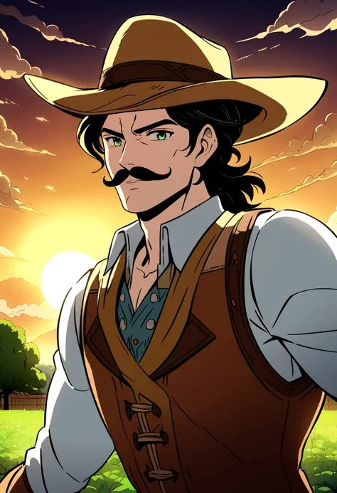 Guy young handsome, short wavy black hair, white skin, strong, dark Green eyes, cowboy hat, moustache. Illustration, anime style, glow, sun light, trees background farm scenery