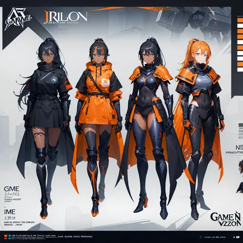 3 girl, ((Dark Skin)), (Blue eyes), Black hair with Ponytail and Orange Highlights, Black Overcoat, ((black and orange armor)), (((Game concept art)))