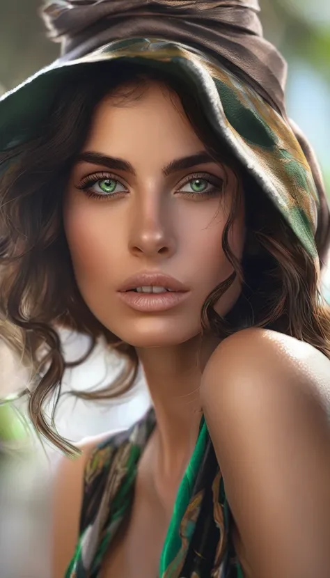 Portrait dune femme italienne, masterpiece, best quality, yeux parfaits, high details, 4k, 8k,regarde le spectateur, Cheveux noirs, yeux verts, foulard, lips, cils ,Realistic,nez ,yeux brillants