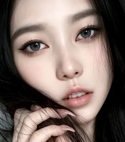 A closeup of a woman with long black hair and a pink lip, Korean facial features, linda mulher sul-korean, maquiagem sul-korean popular, maquiagem korean popular, beautiful aesthetic face, young lovely korean face, linda jovem korean,  korean, adorable and...