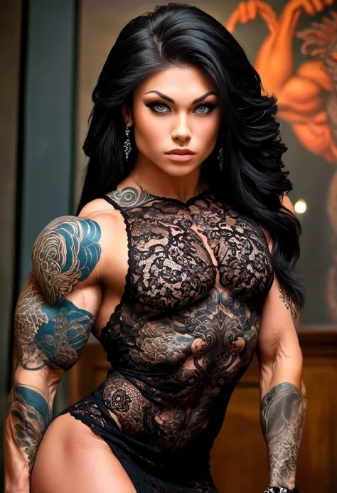 Create a hyper detailed photograph of a tattooed muscular young sexy kaiju , Stunningly perfect gorgeous face, perfect makeup, detailed vibrant eyes, long hair, big beautiful muscular legs, big beautiful muscular arms, big back muscles, perfect body, muscu...