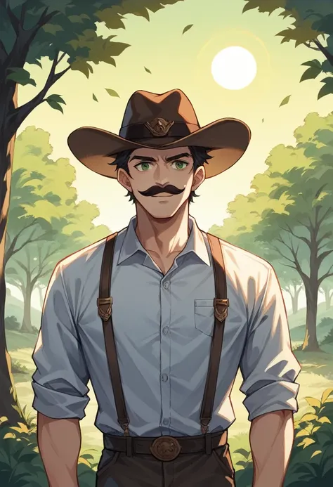 Guy young handsome, short wavy black hair, white skin, strong, dark Green eyes, cowboy hat, moustache. Illustration, anime style, glow, sun light, trees background farm scenery