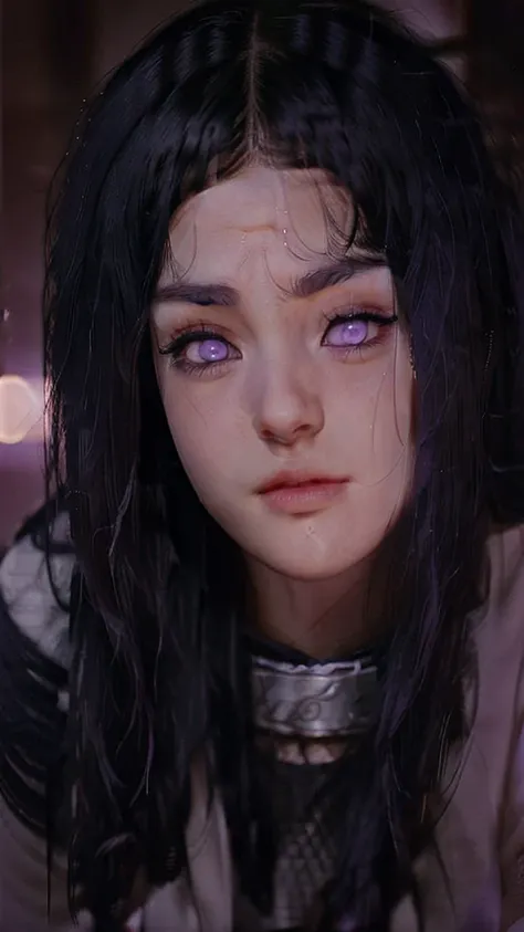 Long black hair, lilac pupilless eyes, appearance of Hinata hyuga