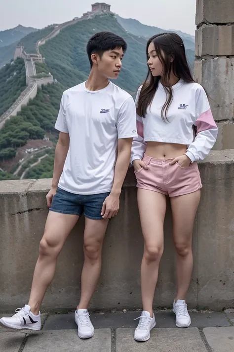 Romantic couple, thin Asian man with long hair, 18 years old, wearing an Adidas jacket, jeans, Nike shoes, on a date with a beautiful Chinese girl, smooth white skin, wearing a white tang top, pink hotpants, casual sport sneakers. The setting is in the cro...