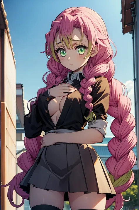 (masterpiece:1.3), (best quality:1.1), (8k, ultra detailed, ultra high res:1.2), ((anime style)), perfect 5 fingers, perfect anatomy, 
1girl,
Mitsuri Kanroji, 
BREAK long hair, pigtail braids, 
pink hair, 
green eyes, 
large breasts,  
BREAK black shirt, b...