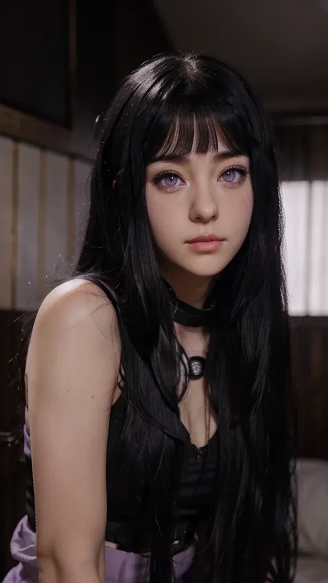 Long black hair, lilac pupilless eyes, appearance of Hinata hyuga