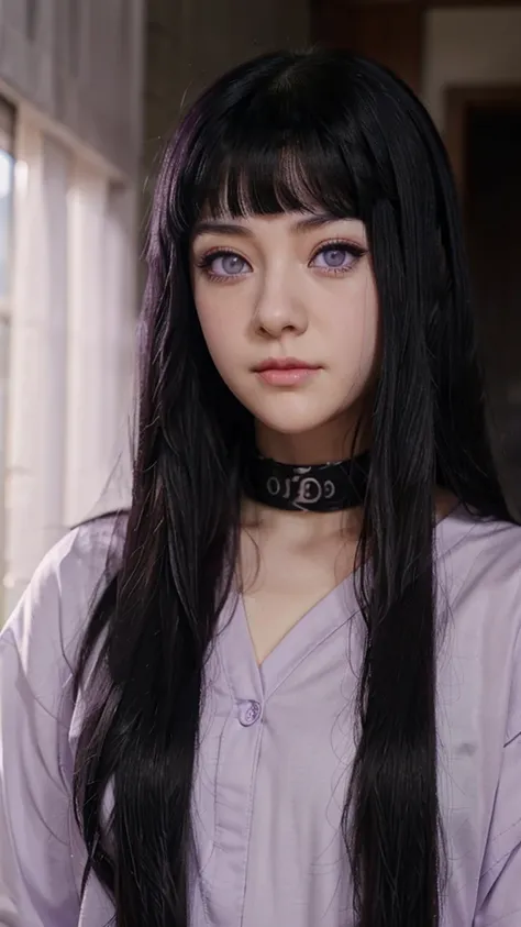 Long black hair, lilac pupilless eyes, appearance of Hinata hyuga